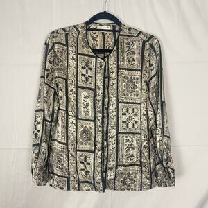 Sarah B Studio Petite Women’s Black Beige Printed Blouse Size L Preowned